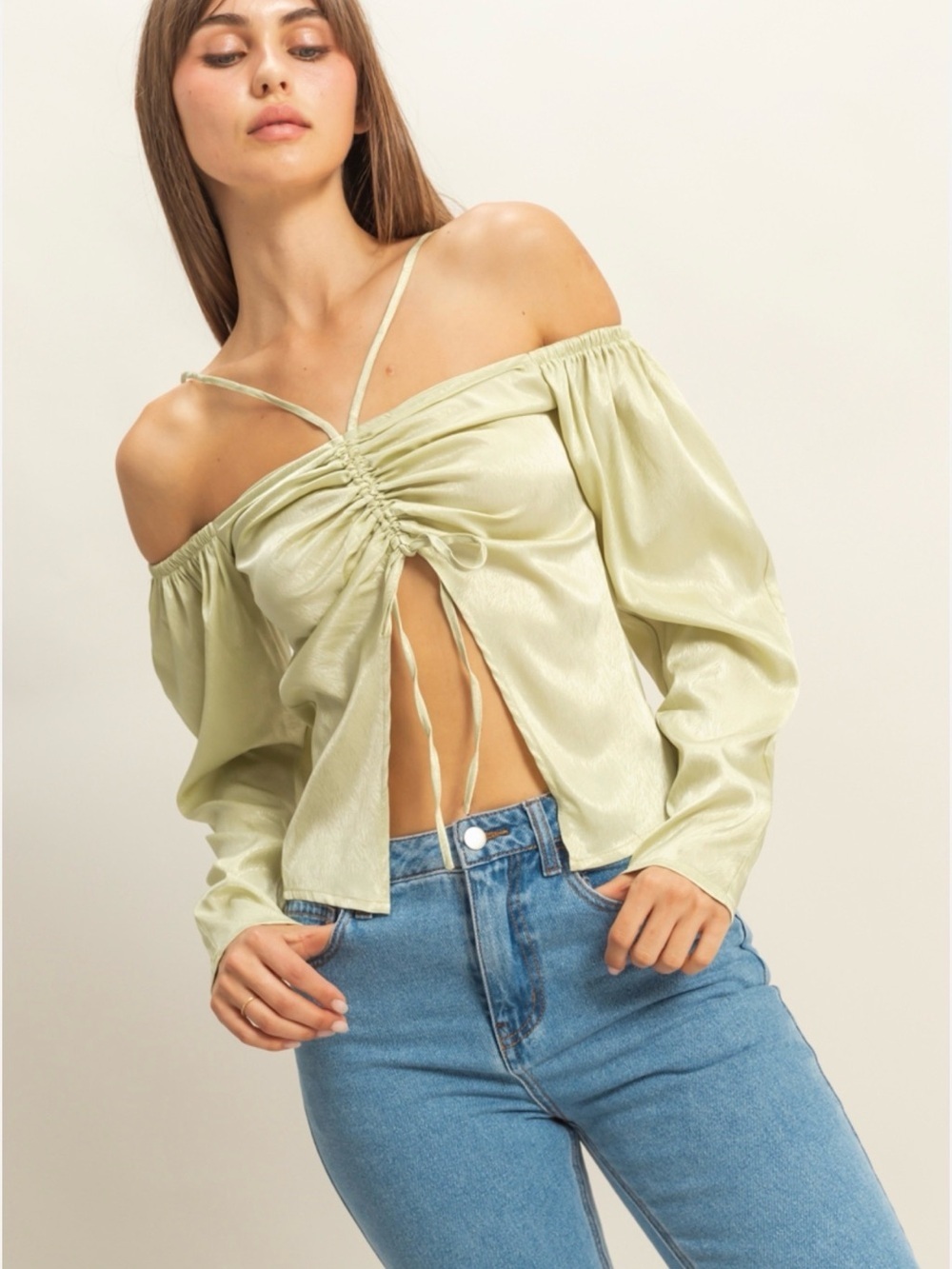 NWT Ruched Sage Green Off-Shoulder Tie-Front Blouse - Small - Picture 5 of 5